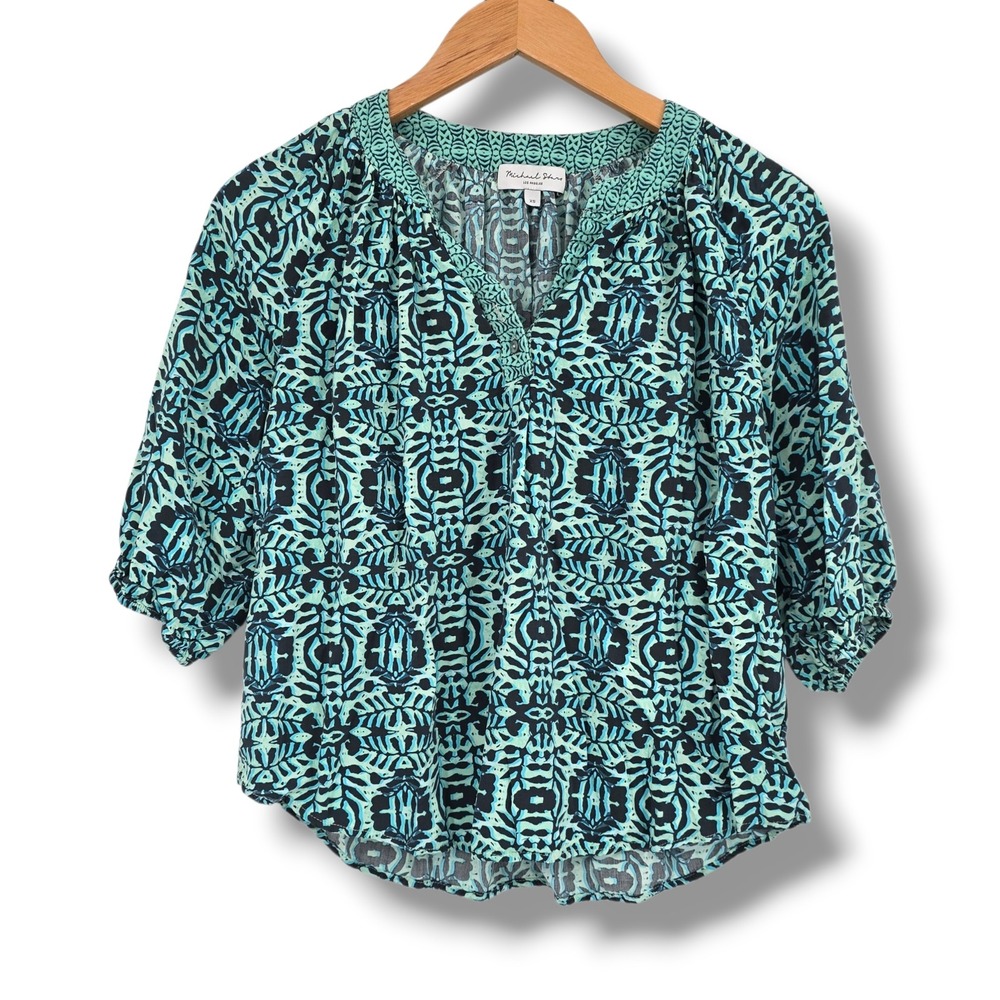 Michael Stars Womens Teal Navy Blue Geometric Rayon Blouse 3/4 Sleeve Size XS